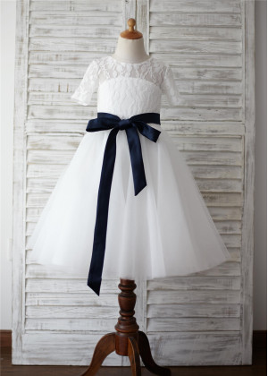 Ivory Lace Tulle Short Sleeves Heart Hole Back Knee Length Flower Girl Dress Ivory Lace Tulle Short Sleeves Heart Hole Back Knee Length Flower Girl Dress